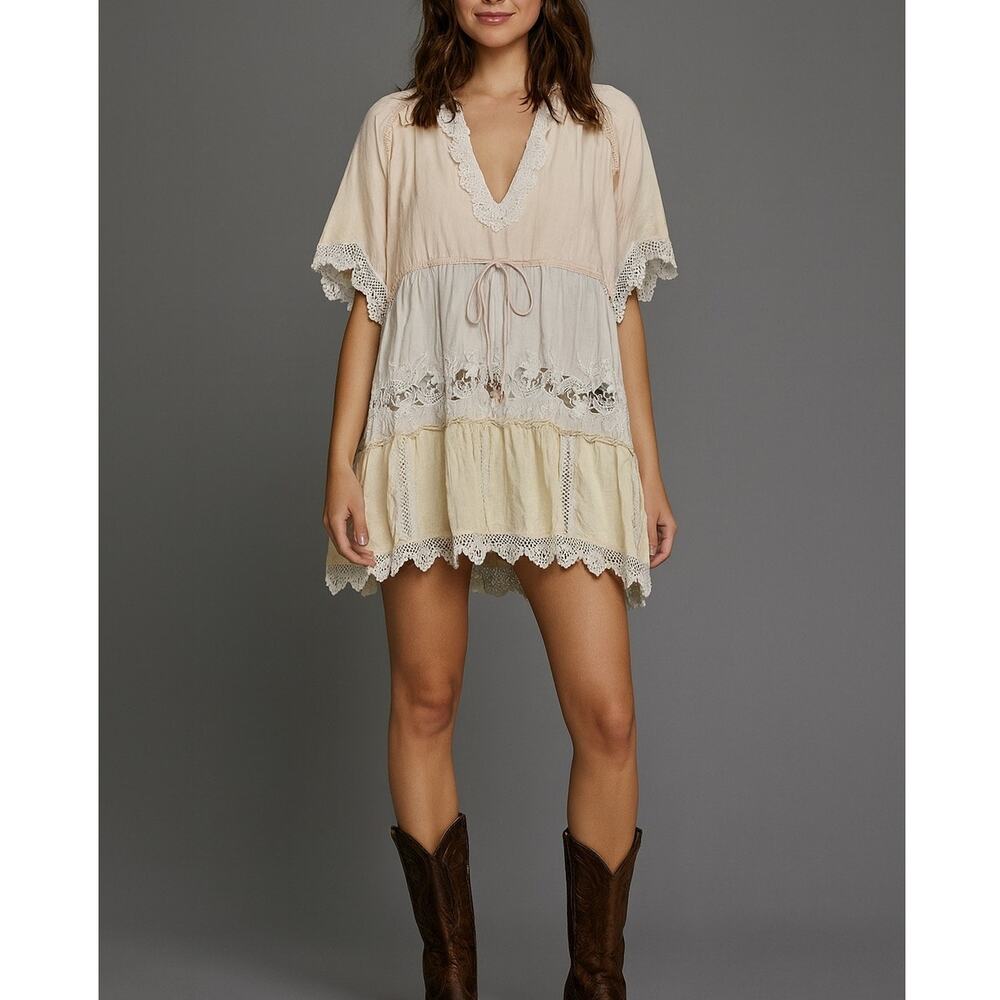 Hemant and Nandita Pastel Tiered Mini Dress Womens Medium Boho Crochet Festival